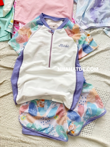 Bộ bơi ACERBIC áo cộc tay raglan quần 2 lớp phối tím trắng ombre bé gái
