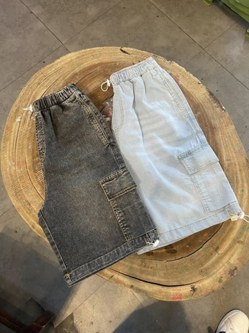 Quần sooc jean lửng Zara túi hộp bé trai dây rút 2 màu xanh, đen