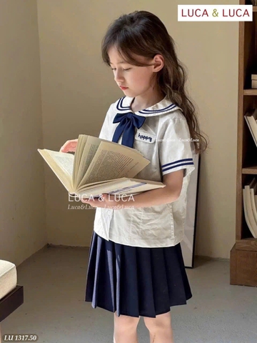 Bộ thủy thủ Happy cổ sen kèm nơ Luca&Luca chân váy navy