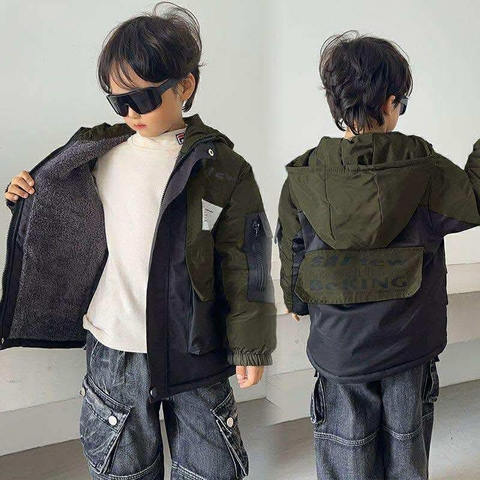 Áo phao lót lông SAT few phối rêu đen có mũ cho bé