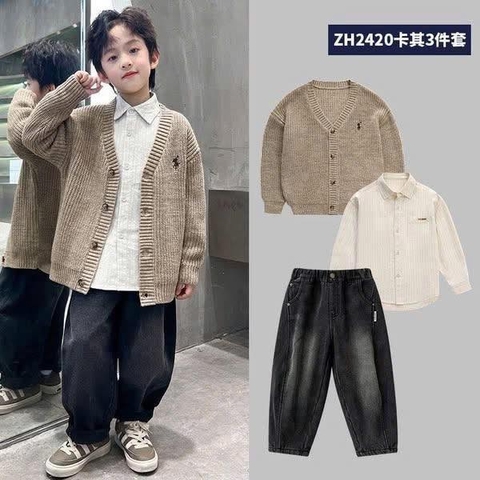 Set 3 món áo cardigan, áo sơ mi be và quần bò đen