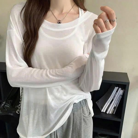 Set áo len mỏng dài tay kèm áo ba lỗ HANJIANNA 3 màu trắng, nâu, đen