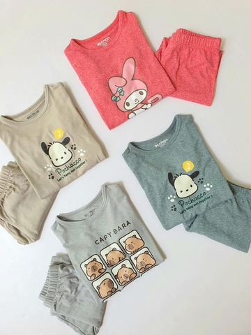 Bộ cotton dài tay Beemon 4 mẫu Melody hồng, Pochacco be, xanh, Capybara xám