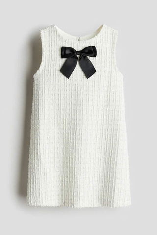 Váy tweed H&M mỏng sát nách trắng kem có nơ đen