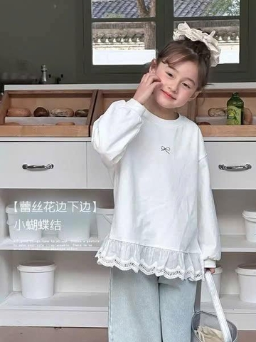 Áo cotton dài tay màu trắng AMBB thêu nơ mix ren