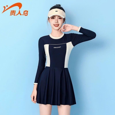 Váy bơi nữ Yuke liền thân dài tay GRN SPORT màu xanh navy phối trắng