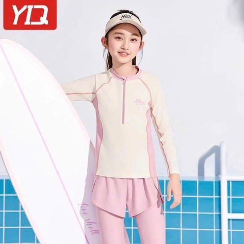 Bộ bơi dài tay kéo khóa chữ Sure 2 màu xanh, hồng
