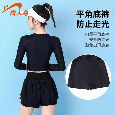 Bộ bơi nữ Yuke áo dài quần đùi cạp cao GRN SPORT đen phối trắng