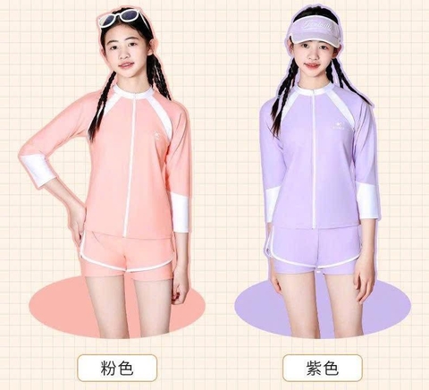 Bộ bơi bé gái Yuke Cute Wale dài tay 3 món áo khoác, áo bra, quần sooc màu tím