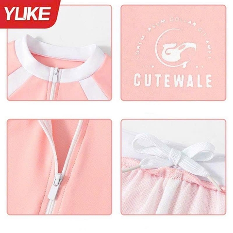 Bộ bơi Yuke Cute Wale bé gái dài tay 3 món áo khoác, áo bra, quần sooc màu hồng