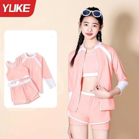 Bộ bơi Yuke Cute Wale bé gái dài tay 3 món áo khoác, áo bra, quần sooc màu hồng