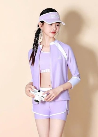 Bộ bơi bé gái Yuke Cute Wale dài tay 3 món áo khoác, áo bra, quần sooc màu tím