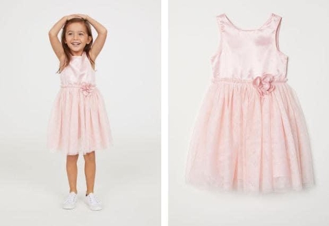 Váy H&M sát nách 3 màu tím, hồng, nâu be vải satin đính hoa chân voan