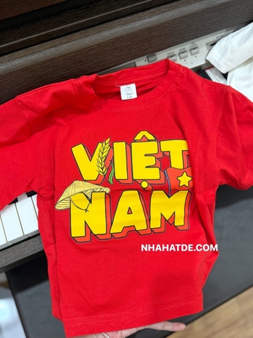 Áo phông ELAINE màu đỏ chữ VIỆT NAM in hình cờ, bông lúa và nón