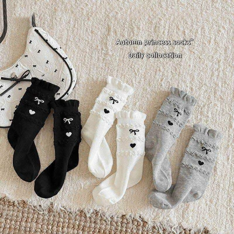 Set 3 đôi tất nơ cổ cao màu trắng, xám, đen