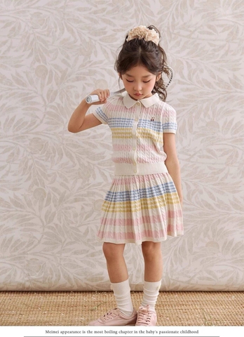Bộ áo cộc tay chân váy len dệt kim sắc màu pastel