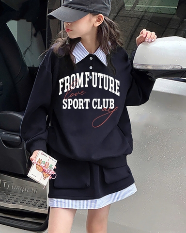 Bộ nỉ From Future Nabi dài tay cổ sơ mi kèm chân váy màu navy