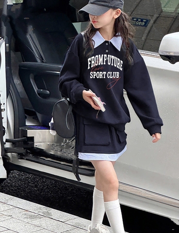Bộ nỉ From Future Nabi dài tay cổ sơ mi kèm chân váy màu navy