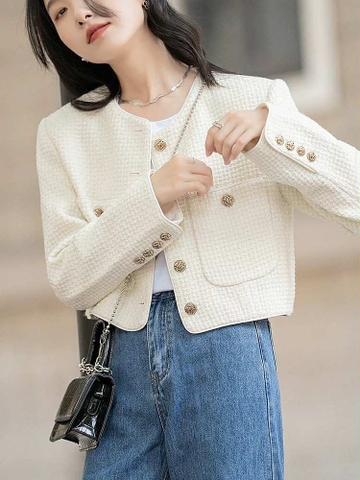 Áo khoác dạ tweed MO&Co màu trắng khuy vàng