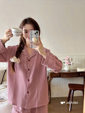 Bộ ngủ pyjama caro xuất Hàn hãng JIEAINA ba màu