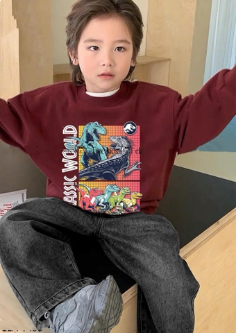 Bộ nỉ Elaine Jurrassic World khủng long áo nỉ đỏ quần jean