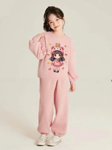 Bộ nỉ dài tay Elaine màu hồng cam hình bé gái dễ thương