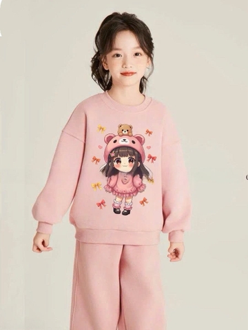 Bộ nỉ dài tay Elaine màu hồng cam hình bé gái dễ thương