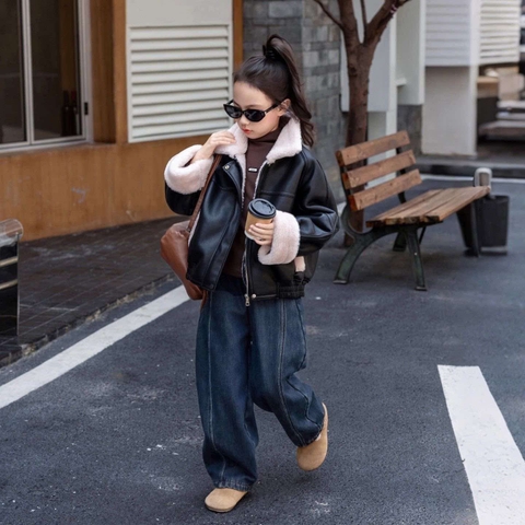 Quần jeans lót lông dáng suông cho bé