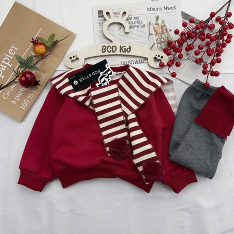 Bộ nỉ lót bông đỏ quần legging xám kèm khăn