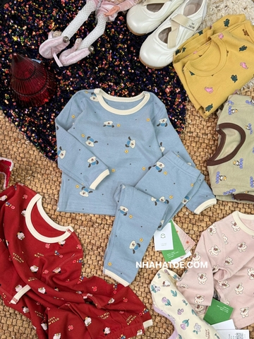 Bộ cotton dài tay AMBB KIDS hình cún màu xanh dương