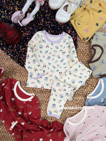 Bộ cotton dài tay AMBB KIDS thỏ hoa tím màu trắng