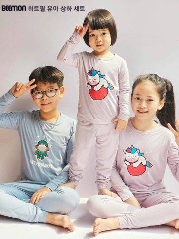 Bộ thun giữ nhiệt dài tay Beemon xuất Hàn 2 màu unicorn tím, astronaut xanh