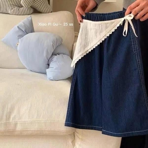 Quần jean đậm ống suông kèm khăn ren cho bé