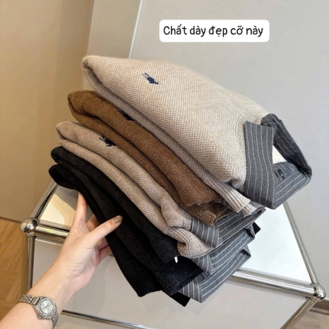 Áo len nam đính cổ sơ mi thêu ngựa 4 màu đen, be, xanh, nâu