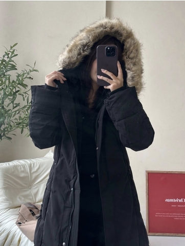 Áo parka mũ lông Zara màu đen dáng dài cho nữ
