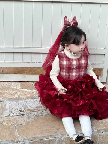 Set 2 món HOA ĐỎ váy voan tiểu thư Cherry Coco kèm voan đầu