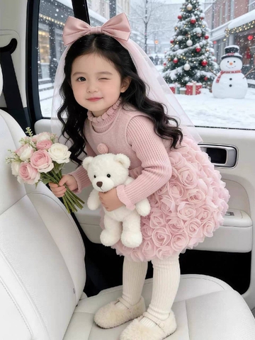 Set 2 món HOA HỒNG váy tiểu thư Cherry Coco kèm voan đầu