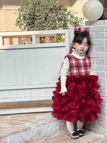 Set 2 món HOA ĐỎ váy voan tiểu thư Cherry Coco kèm voan đầu