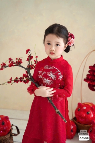Áo dài BÉ thêu Hồ Điệp đỏ đính cườm chất tơ ánh