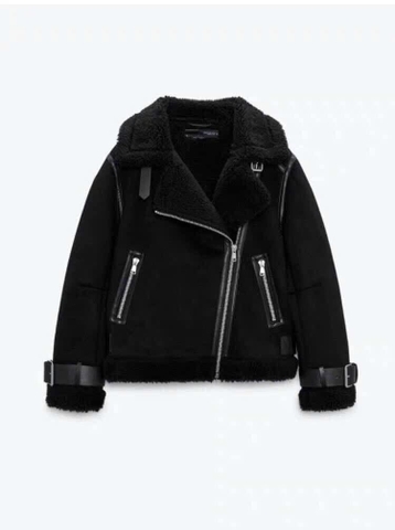 Áo khoác Zara da lộn lót bông màu đen kèm đai