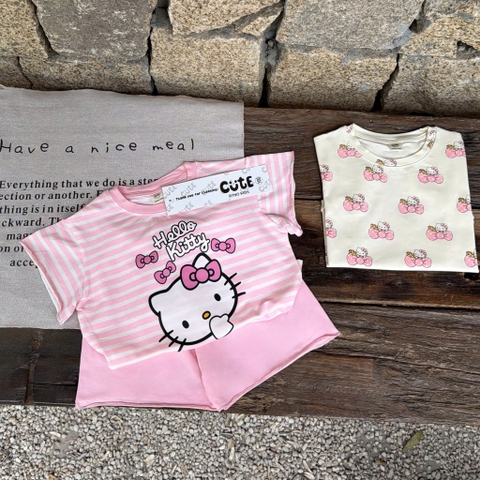 Set 2 bộ cotton cộc tay Kitty nơ màu hồng, be cho bé gái
