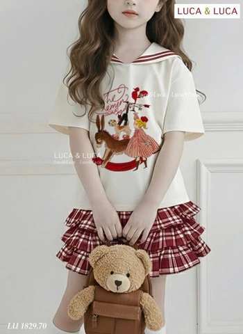 Bộ cộc tay Luca&Luca cổ thuỷ thủ áo be rạp xiếc chân váy kẻ caro tầng đỏ
