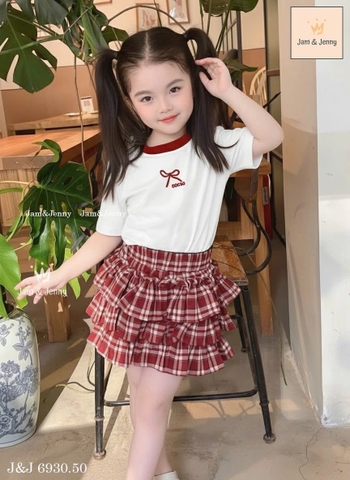 Bộ cộc tay áo trắng nơ Cocso JAM&JENNY mix chân váy ĐỎ caro 3 tầng