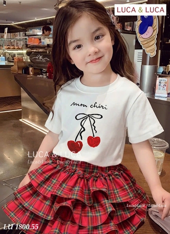 Bộ cộc tay Mon Cheri LUCA&LUCA áo trắng chân váy caro đỏ 3 tầng