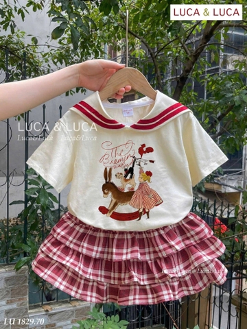 Bộ cộc tay Luca&Luca cổ thuỷ thủ áo be rạp xiếc chân váy kẻ caro tầng đỏ