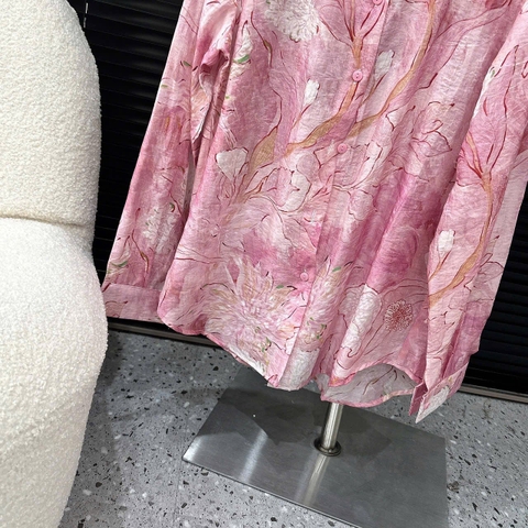 Áo sơ mi Lucci dài tay tơ ánh hồng hoạ tiết hoa