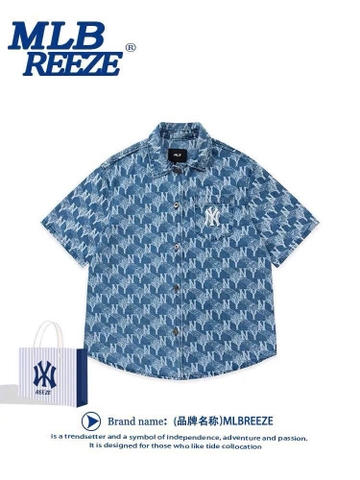 Bộ jean xanh MLB áo sơ mi quần sooc cho nữ