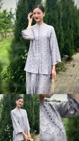 Bộ lụa pháp phục Na Na hoa cúc 3 màu ghi, hồng, đỏ