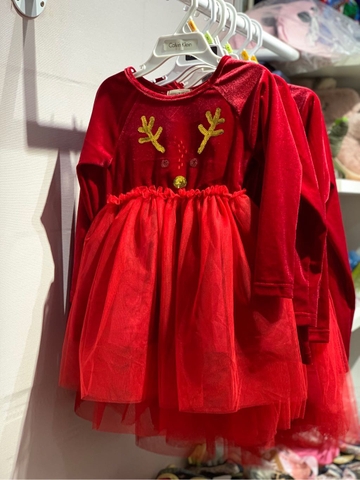 Váy chân voan nhung đỏ đính cườm mẫu tuần lộc