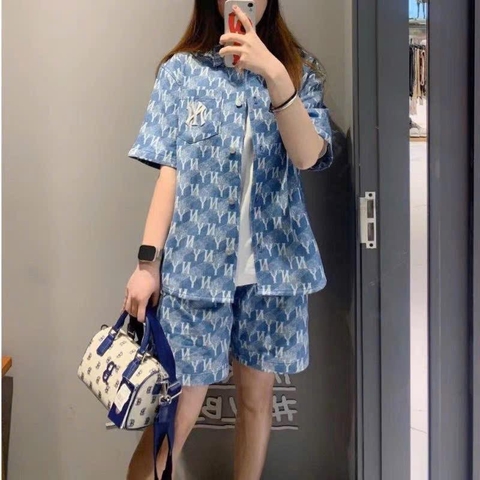 Bộ jean xanh MLB áo sơ mi quần sooc cho nữ